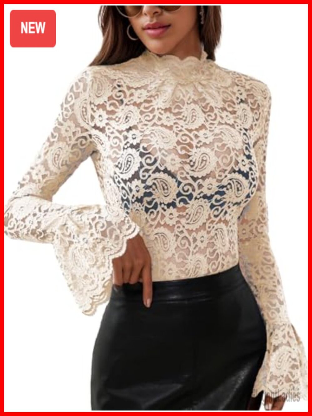 Long Sleeve Lace Mesh Top High Neck Sheer Floral Bell Sleeve Blouse